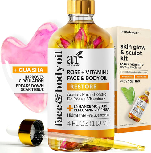 ArtNaturals Face & Body Vitamin E Bio Oil 4.0oz + Gua Sha Facial Tools Set - Organic Moisturizer Skincare for Scars, Stretch Mark, Cellulite & Nai...