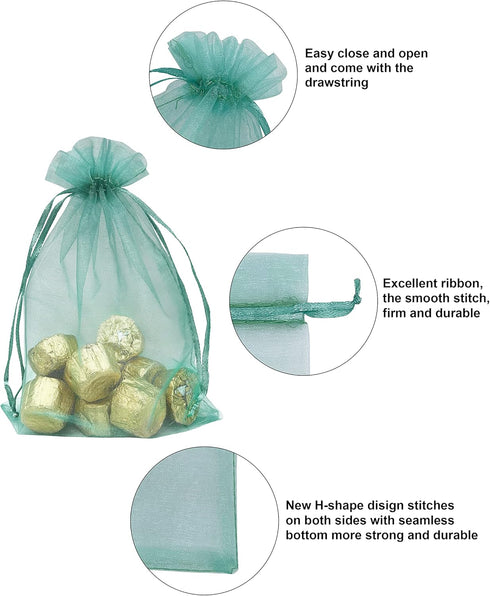 100PCS Sheer Organza Bag 5''X7'' Teal Mesh Bags Drawstring Jewelry Gift Bag for Baby Shower Wedding Party Favor Pouch Goodie Bags (Aqua)...