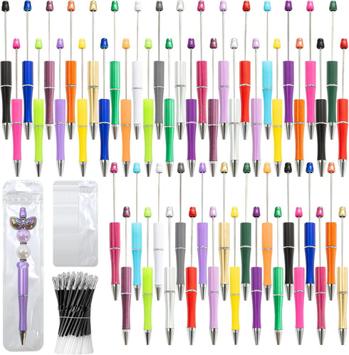 150 Pieces DIY Beadable Pens Kit - 50 plastic Beadable Pens Bulk, Refills & pen bags Included - Beaded Pens Black Ink Ballpoint Cute Pens for Stud...