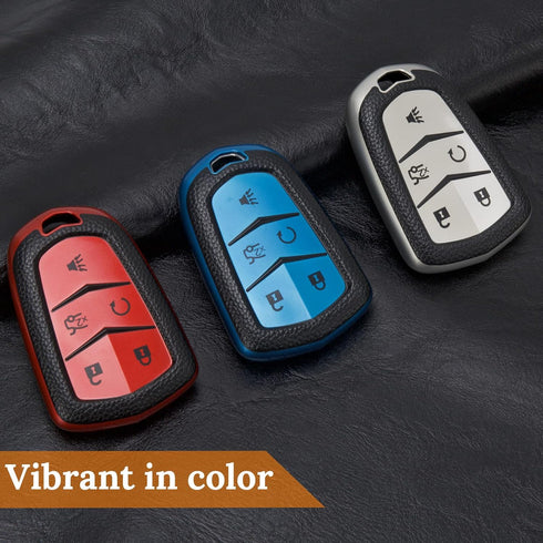 for Cadillac Key Fob Cover with Leather Keychain, Advanced Soft TPU Surface Grain Key Fob Case for 2015-2019 Cadillac Escalade CTS SRX XT5 ATS STS...