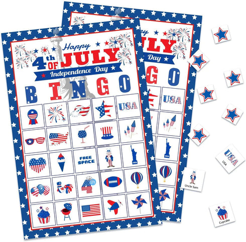 32Players 4th of July Bingo Game – Patriotic Bingo Cards for Kids Adults Independence Day Party Supplies with 24 Caller Chips...