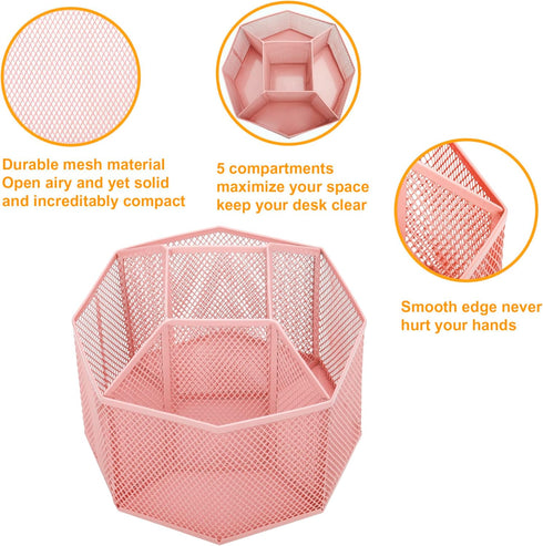 Annova Mesh Desk Organizer Rotate with 5 Compartments Spinning Tidy Candy/Pen Holder Office, Art Supply, Storage, Classroom, Home (Light Pink)...