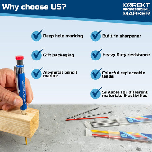 KOREKT Professional Marker, Heavy Duty Mechanical Carpenter Pencil Set | 12 Refills and Built-in Sharpener | Construction, Woodworking, Welding, C...