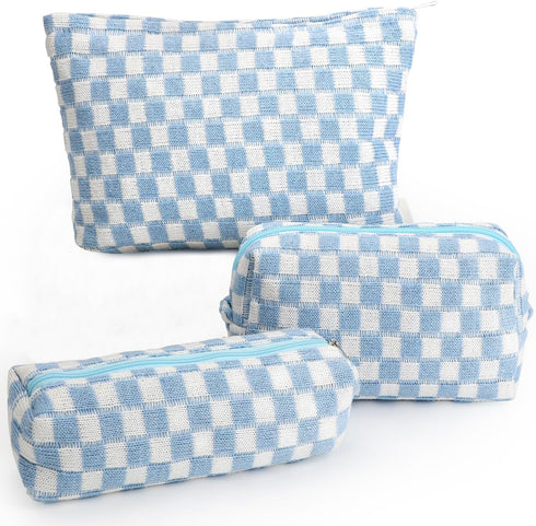 3 Pcs Makeup Bag Cosmetic Bag Set for Girls Women Checkered Travel Organizer Bathroom Toiletry Pouch Large Capacity Storage Bag (Blue-White)...