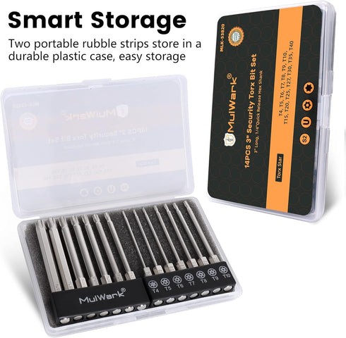 MulWark 14PC Security Torx Bit Set 3" Long Tamper Proof Star Screwdriver Bit Set 1/4" Hex Shank S2 Steel T4 - T40 Magnetic Impact Driver Drill Bit...