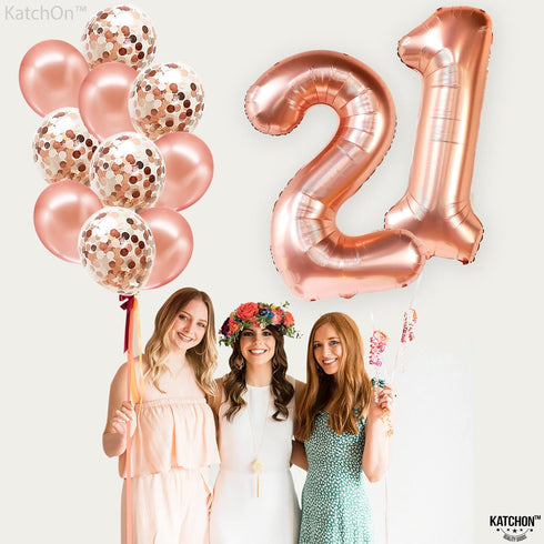 KatchOn, Big Rose Gold 21 Balloon Number - 40 Inch, 21th Birthday Decorations for Girls | Rose Gold Number 21 Balloon with Confetti Balloons | 21t...