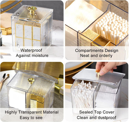 Qtip Holder, Cotton Swabs Holder, Clear Modern Bathroom Organizer, Apothecary Jars with Lids, 3 Grids Separate Vanity Storage Jars for Cotton Ball...