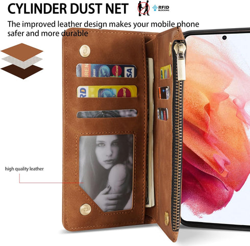 ZZXX for Samsung Galaxy S21 Wallet Case with Card Slot Premium Soft PU Leather Zipper Flip Folio Wallet with Wrist Strap Kickstand Protective for ...