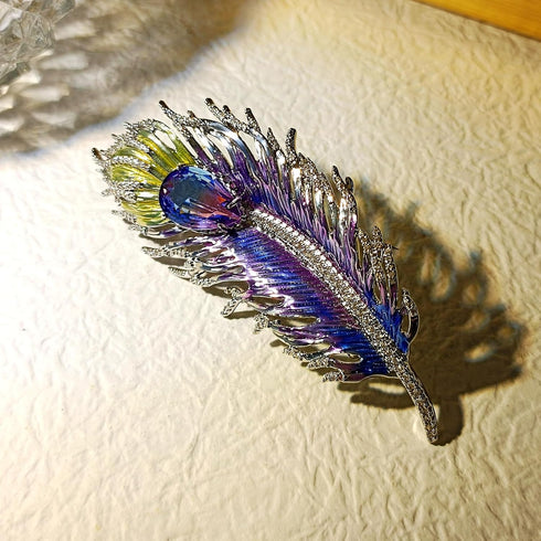 Gorgeous Gold Tone Blue Purple Enamel Peacock Feather Brooch Pin with AB Tear Stone...