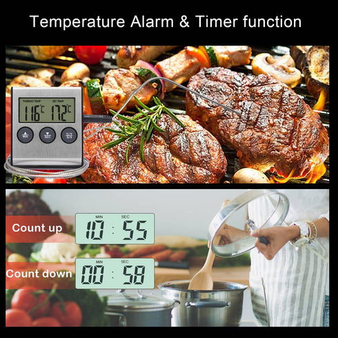 Kitchen Instant Read Meat Thermometer, Digital Candy Cooking Smoker Oven Thermometer, BBQ Timer Clock Grill with Stainless Steel Food Probe, Silve...