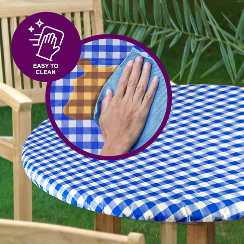 Sorfey Round Tablecloth -Fitted with Elastic, Vinyl with Flannel Back, Fits for Table 60 Inches Round,Water Proof, Easy to Clean, Checked Blue Des...