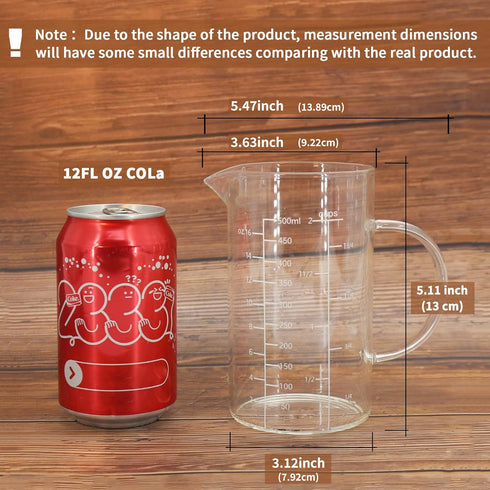 Newness Glass Measuring Cup with Handle, 500 ML (0.5 Liter, 2 Cup) Measuring Cup with Three Scales (OZ, Cup, ML/CC) and V-Shaped Spout, Measuring ...