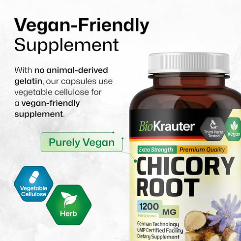 BIO KRAUTER Chicory Fiber Supplement - 1200 mg Strength - 250 Count - Chicory Root Powder - Inulin Capsules for Digestive Support - Vegan...