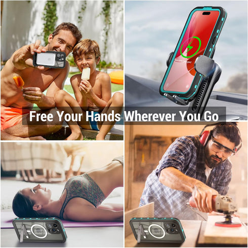 for iPhone 15 Pro Max Waterproof Case with Stand, IP68 Underwater Shockproof Dustproof Phone Case Built-in 6H Screen Protector, Full Body Protecti...
