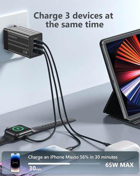 USB C Wall Charger, GECENinov 65W GaN Charger Block, 3-Port Fast Charging Block with 5ft Cable for MacBook Pro/Air, i-Pad, i-Phone 14/13/12, Galax...