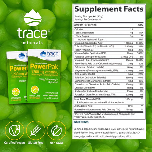 Trace Minerals | Power Pak Electrolyte Powder Packets | 1200 mg Vitamin C, Zinc, Magnesium | Boost Immunity, Hydration and Natural Energy | Lemon ...