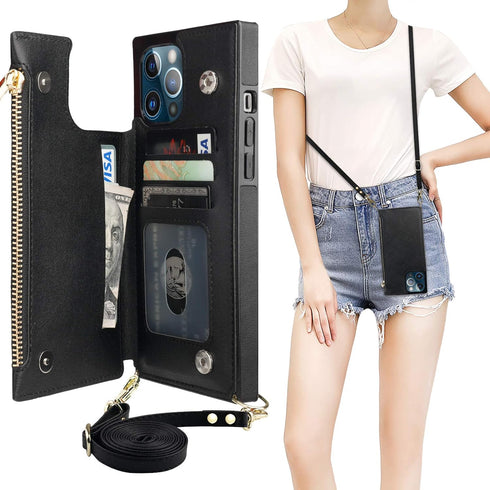 Bocasal Crossbody Wallet Case for iPhone 12 Pro Max with Card Holder,Zipper Card Slot Protector Shockproof Purse Cover with Removable Cross Body S...