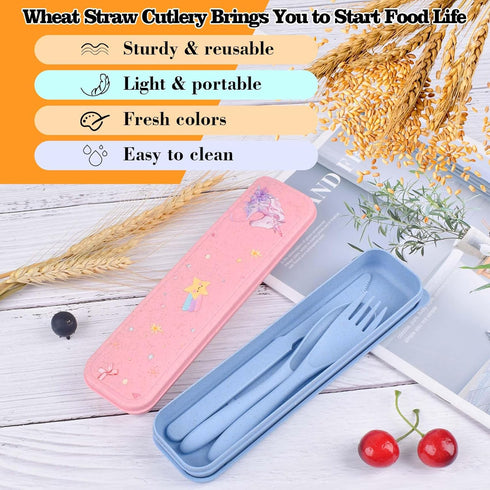 Travel Cutlery Set with Case, Lovely Unicorn Wheat Straw Portable Knife Fork and Spoon Set, Eco-Friendly Reusable Utensils for Lunch Box, Travel, ...