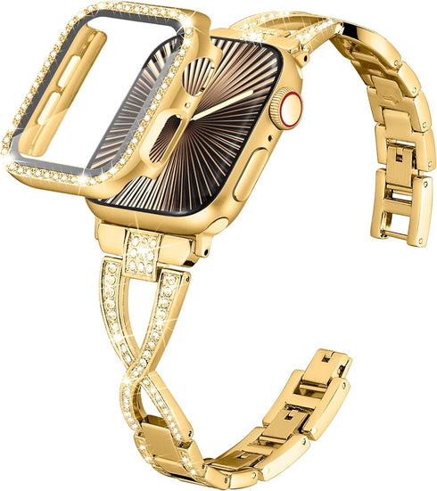 wipalor Dressy X Band for Gold Apple Watch Bands 40mm for Women with Bling Diamond Case, Metal Thin iWatch Bands for women, Designer Cute Band for...