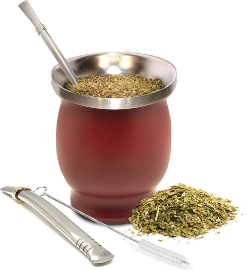 Norte Yerba Mate Cup Kit, 8-Ounces Traditional Mate Tea Cup/Gourd Set | Includes 2 Bombillas (Yerba Mate Straw) & Cleaning Brush, Stainless Steel ...