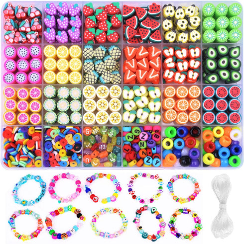 1000PCS Polymer Clay Beads Bracelet Making kit, 24 Style Cute Fun Beads Fruit Beads Charms for Jewelry Necklace Earring Making DIY Accessories for...