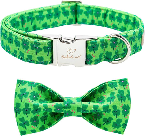 2023 New St.Patrick's Day Dog Collar with Bow Tie-Babole Pet, Cute Clover Male Dog Collar with Safety Metal Buckle Adjustable Puppy Collars for Sm...