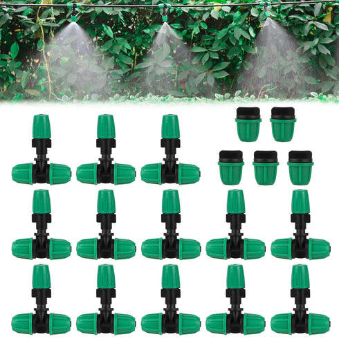 Misting Cooling System Drip Irrigation System Spray with 20 Adjustable Nozzles.20 Lock Barbed 6mm to 1/4 Inch Tee, 5 Lock Barbed End Plugs for Out...