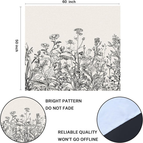 Emvency Tapestry Floral Border Herbs and Wild Flowers Botanical Engraving Style Black and White Home Decor Wall Hanging 50" x 60" Inches Print for...