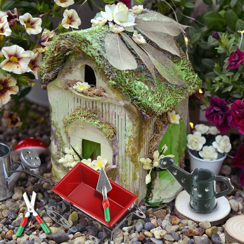 Miniature Fairy Garden Accessories Set 9 Pcs 1:12 Mini Metal Spade Pestle Kettle Wagon Rake Garden Watering Supplies Micro Landscape Ornaments Dol...