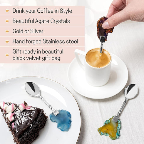 Artisan Silver Coffee Spoon with Crystal Accent - Dessert, Tea & Coffee Spoons Set of 4 - Handcrafted Coffee Spoons for Coffee Bar - Mixing & Stir...