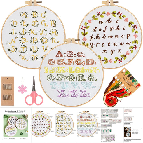 ojindiy Embroidery Kits for Beginners Adults 3 Packs, Learn 26 Alphabet Letters Stitches, Embroidery Kit for Craft Lover and Starter, Cross Stitch...