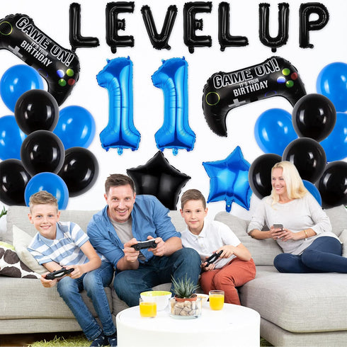 Video Game Birthday Party Set, Level Up 11 Video Game Balloons Controller Balloons Blue Black Stars Aluminum Foil Balloons Kit Decorations (11TH)...