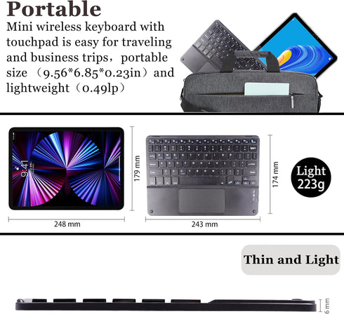 Wireless Bluetooth Keyboard, Ultra Slim Rechargeable Portable Cordless Keyboard with Touchpad 10 Inch Wireless Keyboard for iOS Android Windows iP...