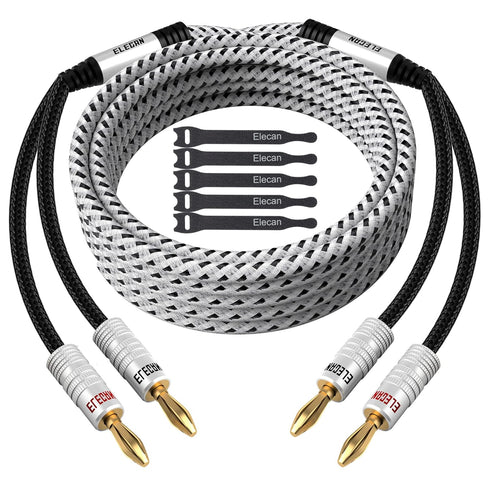 14 AWG Speaker Cable Wire 6 Feet with Gold-Plated Banana Tip Plugs-CL2 Rated-in Wall-Heavy Duty Nylon Braided, Oxygen-Free Copper (OFC)-White-with...