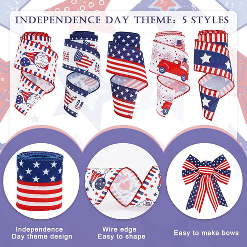 Whaline 30 Yards Patriotic Wired Edge Ribbon 4th of July Star Strip Burlap Ribbon Red Blue White American Flag Truck Gnome Wrapping Ribbon for Ind...