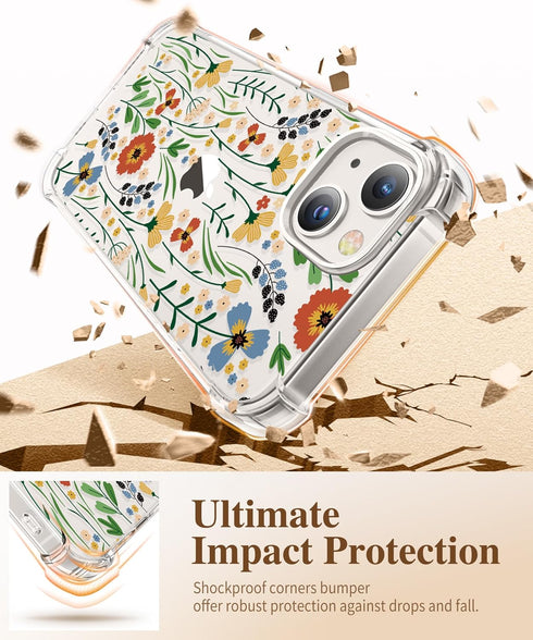GVIEWIN Designed for iPhone 13 Case 6.1 Inch, with Tempered Glass Screen Protector + Camera Lens Protector Clear Flower Soft & Flexible Shockproof...