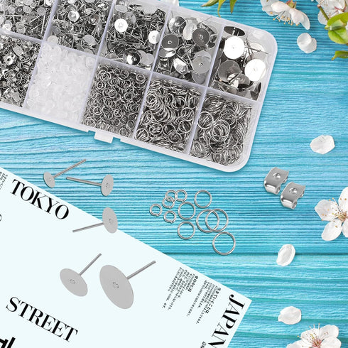 1650Pcs Earring Posts and Backs Jump Rings Kit Hypoallergenic Earring Studs Butterfly Earring Backs and Rubber Earring Backs Earrings DIY for Jewe...