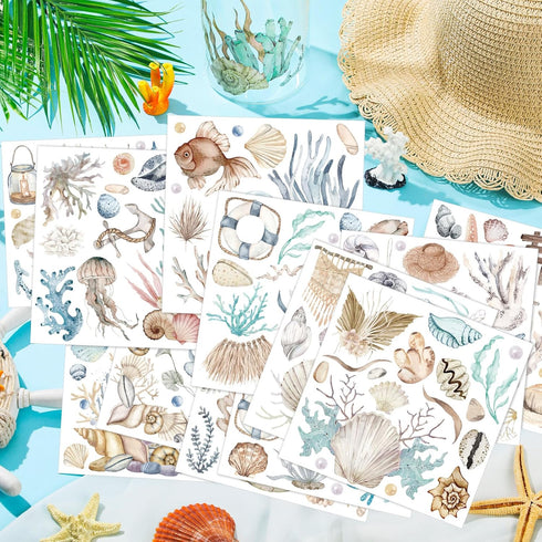 Dispowreath 16 Sheets Ocean Boho Rub on Transfers Stickers Mixed Sea Life Rub on Transfers for Crafts Fish Starfish Decor Furniture Decals for DIY...