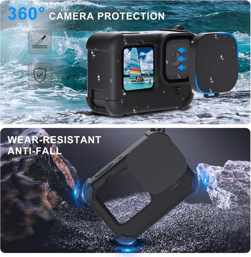 FitStill Black Silicone Sleeve Case for Go Pro Hero 12/Hero 11/Hero 10/Hero 9 Black,Battery Side Cover&Screen Protectors& Lens Caps&Lanyard for Go...