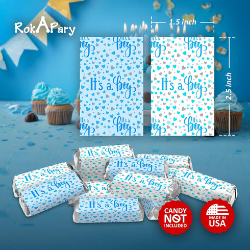 60 It's a Boy Blue Baby Shower Miniatures Candy Bar Wrapper and Stickers Decorations, Made in USA (Candy Not Included)...