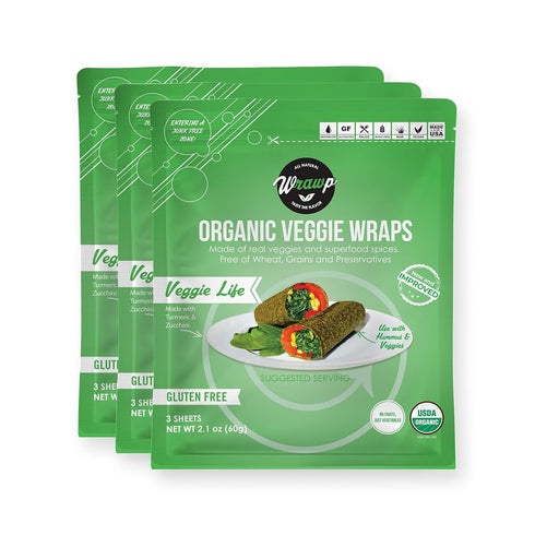 WrawP Organi Veggie Wraps - VEGGIE LIFE (3 pack) SHELF STABLE, All Natural, Gluten Free, Paleo, Raw Vegan. Perfect for Wraps, flat bread, snack, c...