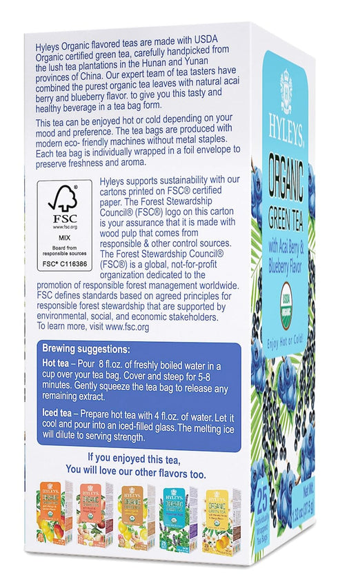 Hyleys Organic Green Tea Acai Berry and Blueberry Flavor - 25 Tea Bags...