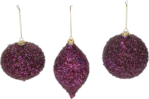 Beaded Purple Plum Glittered Ball Finial 6 inch Glass Decorative Hanging Christmas Ornament Set 3...
