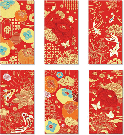 AnyDesign 48Pcs Chinese New Year Red Envelopes 6 Designs Red Gold Foil Print Hong Bao Spring Festival Lucky Money Pocket for Party Wedding Happy C...
