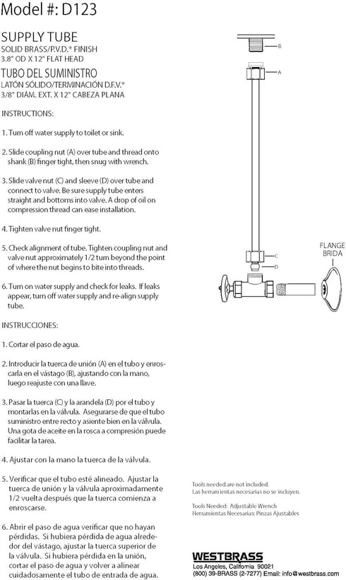 Westbrass D123-12 3/8" x 12" Brass Flat Head Toilet Riser Supply Line, Oil Rubbed Bronze...