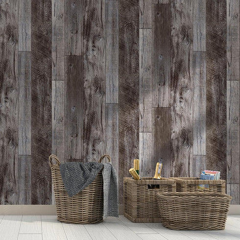 Yun-aeon Gray Wood Peel and Stick Wallpaper 17.3" X 80" Self Adhesive Wallpaper Backsplash Line Removable Wall Paper Bathroom Old Furniture Renova...