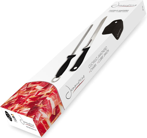 Ham Carving Knife with Honing Steel and Ham Cover - Professional Set for Slicing Serrano, Ibérico Ham & Italian Prosciutto...