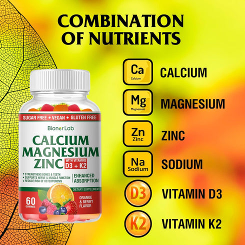 Calcium Magnesium Zinc Gummies with Vitamin D3 & K2 - High Potency Enhanced Absorption - Orange and Berry Flavored...