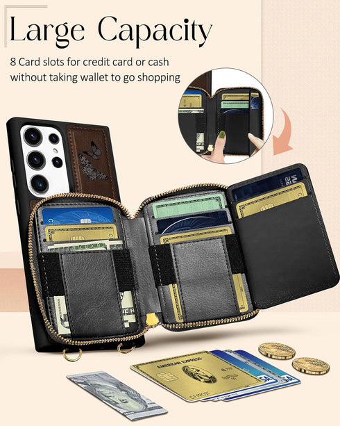 Shorogyt for Samsung Galaxy S23 Ultra Case Wallet Crossbody, RFID Blocking Card Holder Slots Designer Black Butterfly Leather Handbag Purse Phone ...