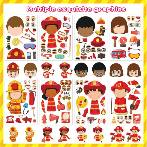 24 Sheets Firefighter Stickers for Kids, Make-a-face Fireman Stickers Sheets, Fireman Themed Sticker Party Favor Supplies Craft School Fire Educat...